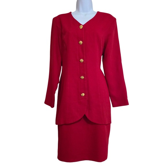 Casual Corner Petite Dresses & Skirts - Casual Corner Petite Red Wool Rayon Peplum Sheath Dress Gold Buttons 10P Vintage